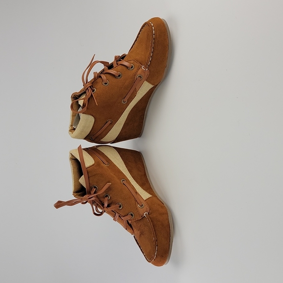 Camel Bamboo Ankle Wedge Booties  Size 5.5 - Vegan Leather Boots - Picture 3 of 5